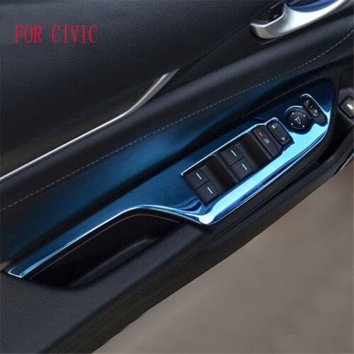 Car Interior Stainless Door Armrest Window Lift Button Panel Cover Trim Decal For 2016 17 Honda Civic 10th Car Styling 4pcs/set