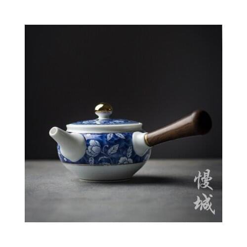 China Jingdezhen ebony wood handle Kung Fu tea pot blue and white porcelain teapot antique ceramic handmade teaware kettle gift