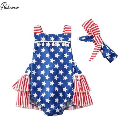 2020 0-24M Newborn Baby Girls Boys Independence Day Rompers Striped Star Sleeveless Ruffles Backless Jumpsuits Headband 2pcs
