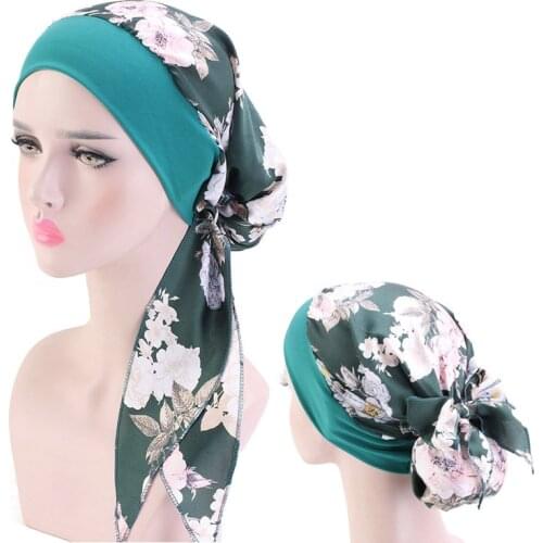 Muslim Hijab For Women Floral Print Pre-Tied Headwear Wide Band Bowknot Turabn For Women Sliky Satin Bandana Chemo Cancer Cap
