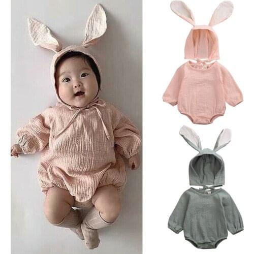 Baby Girls Long Sleeve Jumpsuit Casual Solid Color Soft Touch Romper with Rabbit Ear Hat Casual Baby Cotton Playsuits Clothing