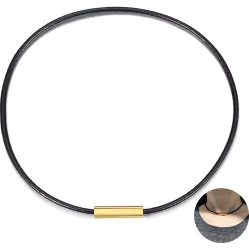 3mm ID Necklace for Men Women Black Genuine Leather Simple Choker Gold Color Personalized Couple Gift Jewelry Gifts LDN239