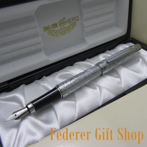 HERO 103 luxury fountain pen full silver bright medium nib flower embossed and Original box