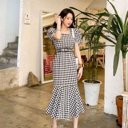 Long Plaid Dress for women summer Short Sleeve Square Neck line Sundress Sexy Ladies Work one piece Loose Maxi Dresses Female