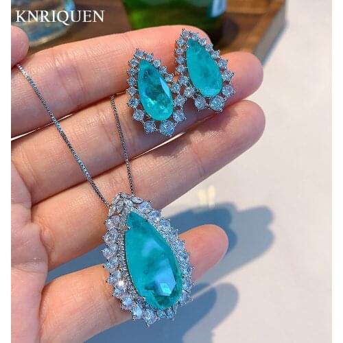 2021 Trend 925 Sterling Silver Water Drop Paraiba Tourmaline Pendant Necklace Earrings for Women Wedding Party Fine Jewelry Sets