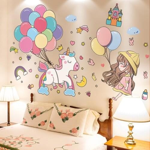 [shijuekongjian] Girl Balloons Wall Stickers DIY Unicorn Animals Wall Decals for Kids Bedroom Baby Room Nursery House Decoration