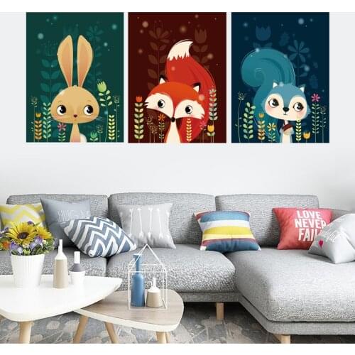 Nordic Simple Rabbit Fox Cute Animal Decorative Painting for Childrens Room Modern Canvas Painting Minimalist Canvas Painting