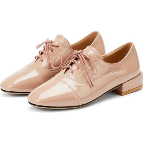Spring Lace Up Women Flat Shoes Patent Leather Casual Oxford Shoes For Women Square Toe Office Shoes Women