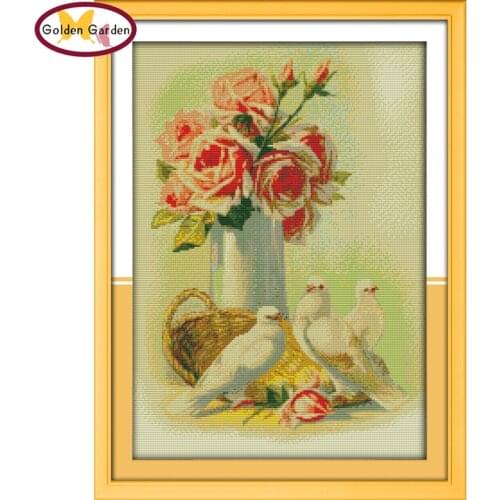 GG Roses&Pigeons Cross Stitch Patterns Printed Design 14CT Handmade Craft Cross Stitch Embroidery Needlework Sets for Home Decor