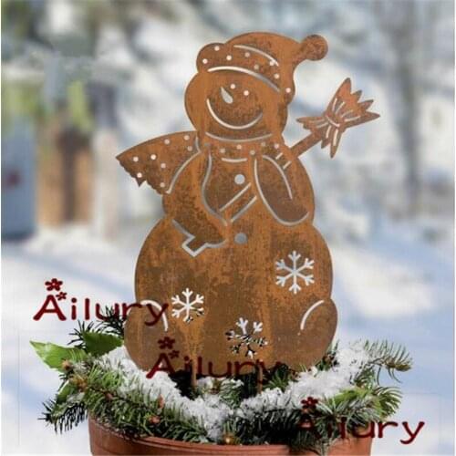 Rust color cute snowman flower insert,Christmas decoration European style wrought iron vintage garden insert,flowerpot insert