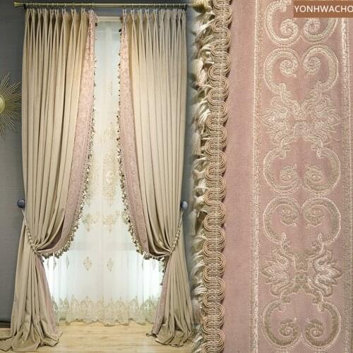 Custom curtains American light luxury simple living room high-end velvet embroidery light tan cloth curtain tulle panel C313