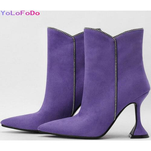 2021 Autumn Winter Women Ankle Boots Fashion Pointed Toe Strange Style Ladies Dress Boots Faux Suede Slip on Womens Shoes Black