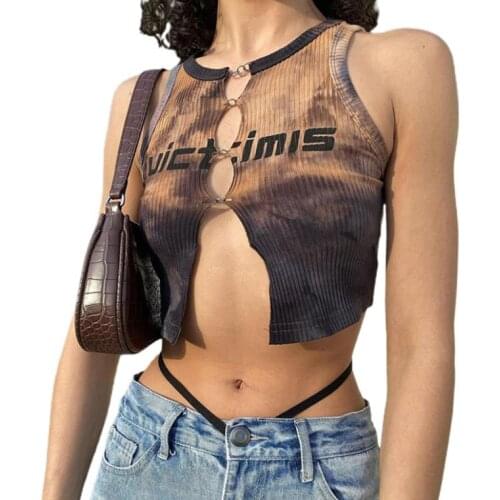 Womens Crew Neck Tank Tops, Sexy Sleeveless Letter Tie Dye Print Hollow Out Crop Tops