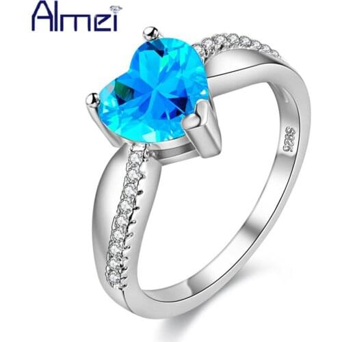 Almei Rainbow Stones Rings Women Heart Blue Pink Ring Jewelry Silver Color Vintage Anillos Mujer Wedding 2017 Bijuteria Y3051