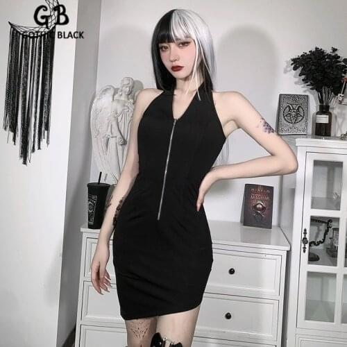 Gothblack Solid Women Sexy Slim Sleeve Halter Mini Dress Fashion Bodycon Zip Backless Irregular Dress Female Nightclub Outfits