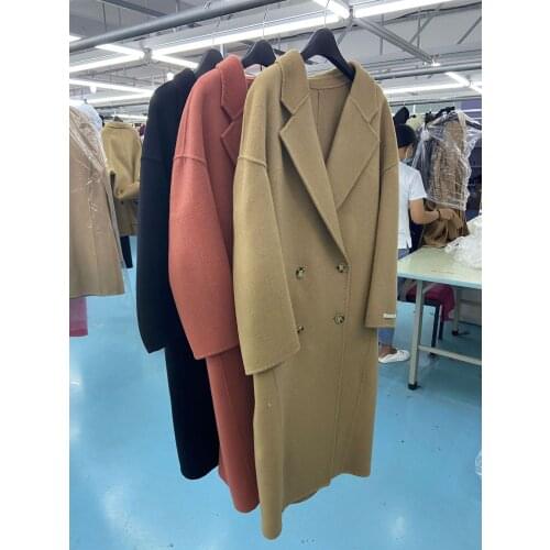 Winter 2021 Korean Classic High End Double Breasted Black Long 100% Wool Coat Women Handmade Loose Free Size Woolen Overcoat