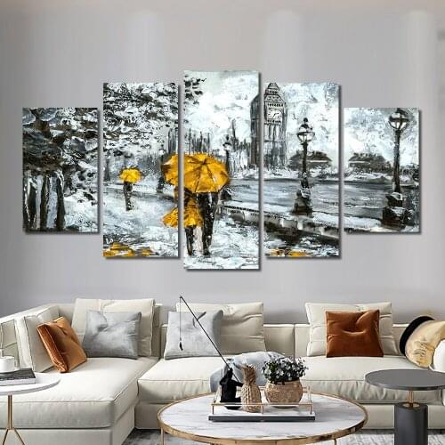 5pcs Abstract People With Yellow Umbrella 100% Hand Painted Oil Painting On Canvas Thick Acrylic Knife Painting Home Decoration