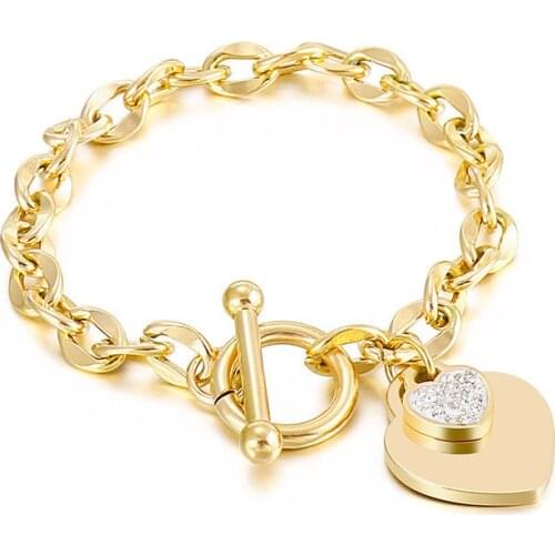 316L Stainless Steel Geometric Crystal Pendant Chain Bracelet Peach Heart OT Buckle Stainless Steel Bracelet No Fade