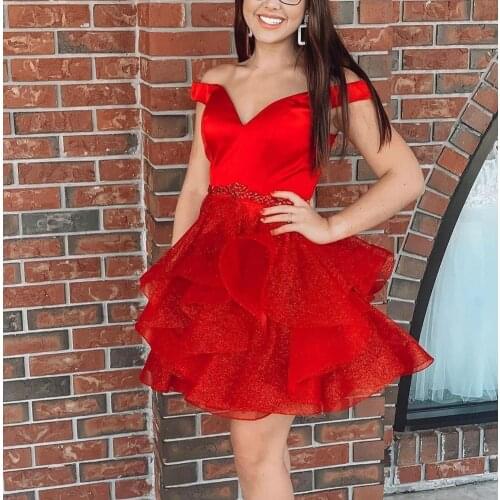 Elegant Short A-Line Glitter V-Neck Homecoming Dresses Ruffled Skirt Knee Length Corset Back Graduation Dresses for Teens