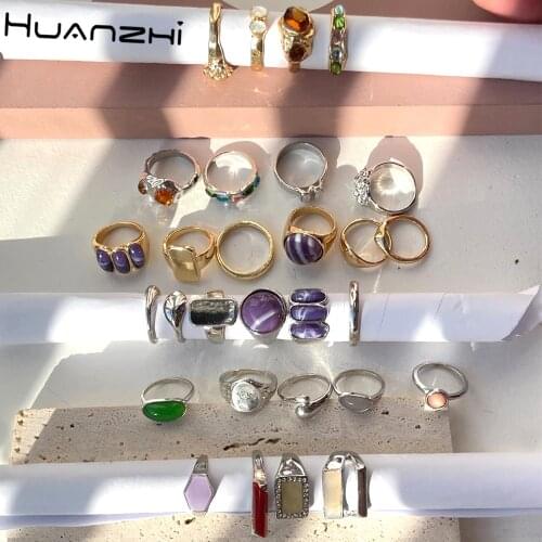 HUANZHI 2021 New Contrast Rhinestone Irregular Metal Colorful Stone Glazed Inlaid Retro Ring For women Set Ring Party Jewelry