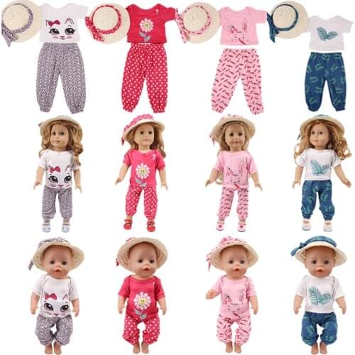 Doll Clothes Kitten Rabbit Mermaid 4Pcs=Silk Scarf+Straw Hat+T-shirt+Leisure Trousers For 18 Inch American&43 Cm Born Doll Girl