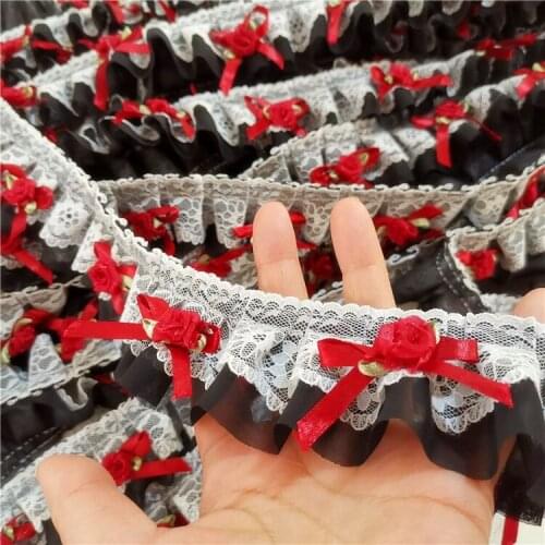 LASUI 3 meters=1 lot High quality Handmade flower black with red lace trim Skirt wedding dress doll lace accessories 0328