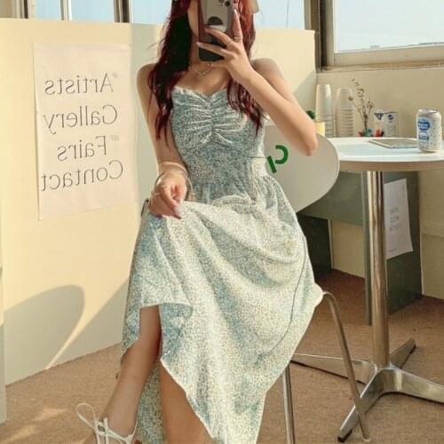 Summer Elegant Floral Print Strap Dress Women Korean Style Princess Pretty Sexy Midi Dress Female Sweet Holiday Party Dress 2021