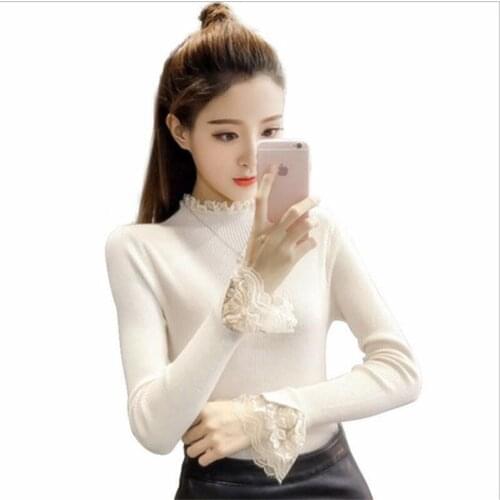 Sweet Lace Women Autumn Winter Sweater Pullovers 2018 Long Female Short Knitted Shirts Turtleneck Female Sweater Slim Warm Q503