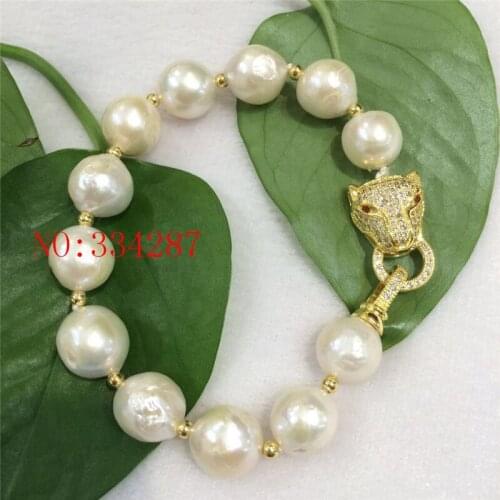NEW HUGE NATURAL 12 - 13MM australia seas of the south white pearl bracelet 8inches leopard clasp 002