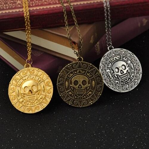 Movie Pirates of the Caribbean Necklace Aztec coin Vintage Gold Captain Jack Sparrow Medallion Skull Pendant Necklaces For Men