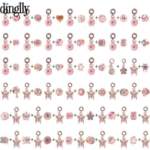 Dinglly Pink Crystal Heart Flower Rose Gold Beads Butterfly Dangle Charm Fit Fine Bracelets & Necklace Diy Jewelry Accessories