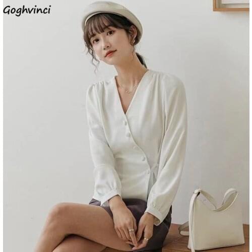 Shirts Women Asymmetrical V-neck Office Tender Casual Tops Long Sleeve All-match Ulzzang Solid Autumn Design New Ins Hot Mujer