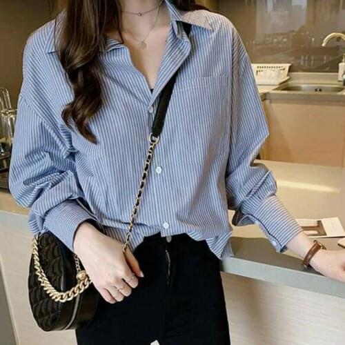 COCKCON Women Fashion Striped Summer Blouse Casual Blue V-Neck Long Sleeve Buttons Blouse New Women Loose Tops Blusas Vestidos