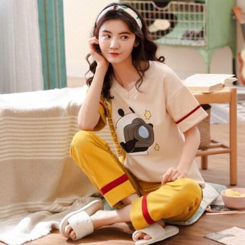 Women new summer pure cotton pajamas fresh and sweet Korean home short sleeve trousers casual thin two piece pajama sets pajamas