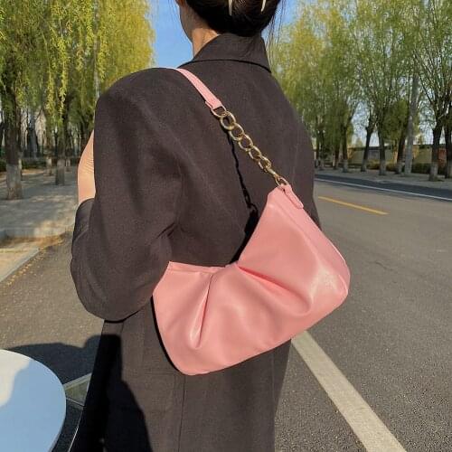 Korean Fashion Pleated Shoulder Baguette Bag for Women 2021 New Solid Color Underarm Bags Pouch PU Leather Casual Ladies Handbag