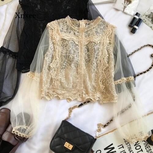 2021 Spring and Autumn Womens Mesh See-Through Sleeves Lace Flowers Retro Temperament Blouses New Fashion Elegant Shirts