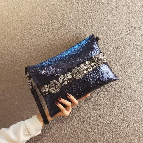 Women Totes Envelope Shoulder Bags 2019 New Women Evening Bags Luxury Handmade Handbag Black Blue Flower Crystal Crossbody Bags