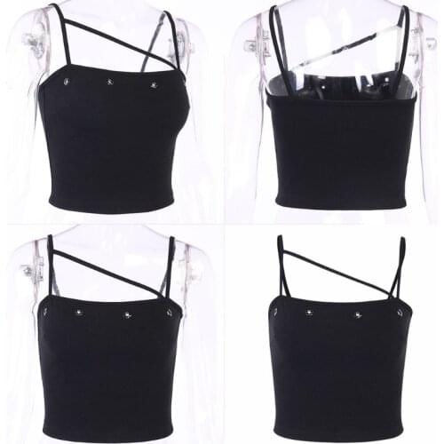Women Punk Sexy Irregular Cross Strappy Crop Top Hollow Floral Hole Camisole Sexy Off Shoulder Ribbed Knit Sling Vest
