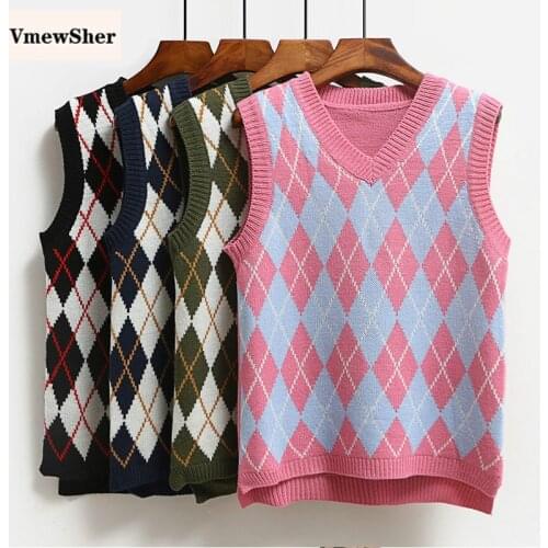 Argyle Fashion Knitted Vest Women Casual Korean Pullover Elasticity Sweater Spring Autumn Sleeveless V-Neck Tank Tops