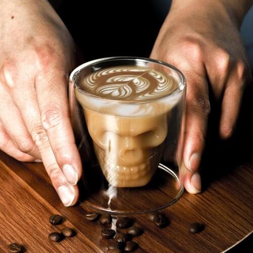 1PC Double-layered Transparent Skull Head Coffee Mug Crystal Glass Cup for Home Bar Club Whiskey Wine Vodka and Beer Wine Glass