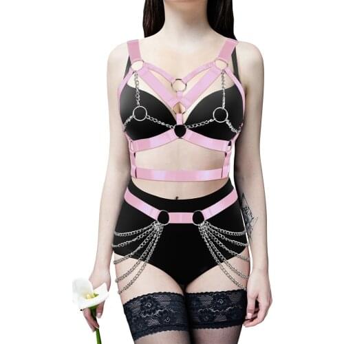 Metal Chain Accessories Bondage Harness Bra Fashion Sexy Cage Strappy Lingerie Set Punk Gothic Dance Festival Rave Wear Costume