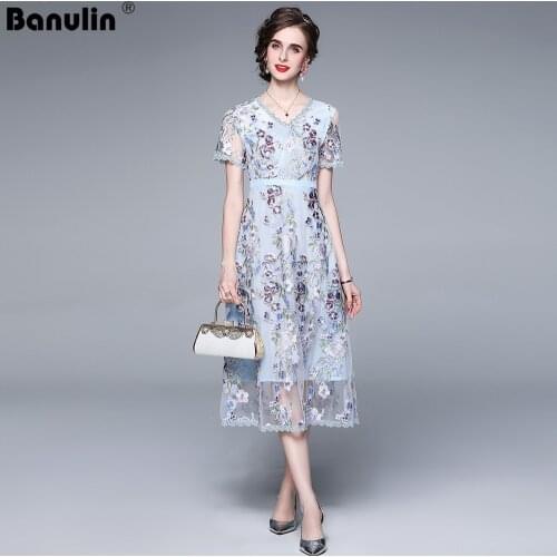 Banulin 2021 Summer Runway Flower Embroidery Dress Womens V-Neck Floral Blue Hollow out Embroidered Mesh Party Dresses N69948