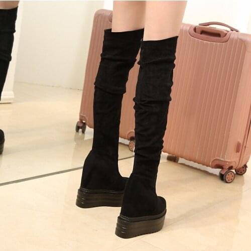 HOKSZVY 2021 Women Female Trimming Sexy Knee Length Boots Winter Nightclub High Thick Bottom Wedge Heels Boot for Ladies ZYW