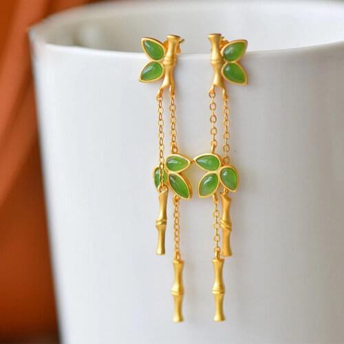 Jasper Eardrops Long Classical Chinese Style Bamboo Earrings 925 Sterling Silver Gold-Plated Jade Bamboo Earrings Temperament Fe