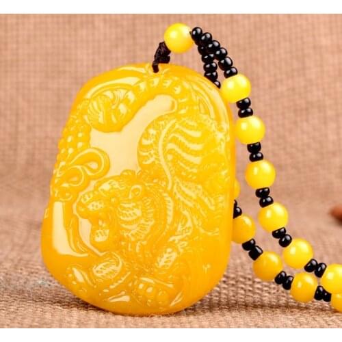 Chinese Yellow Jade Zodiac Tiger Pendant Necklace Charm Jewellery Fashion Accessories Hand-Carved Man Woman Luck Amulet New