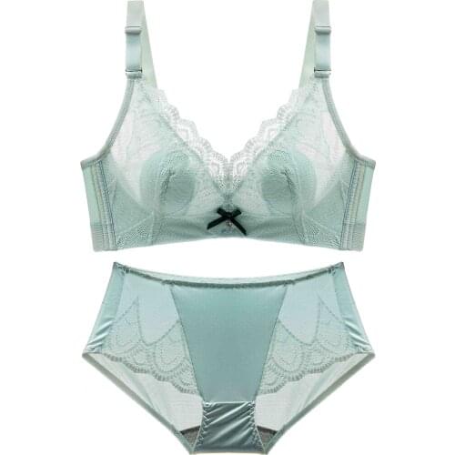 Lace Bra & Brief Sets Ultra-thin Transparent Ruffles Straps With Bowknot Breathable Wirefree Mint Green Brassiere Lingerie Women