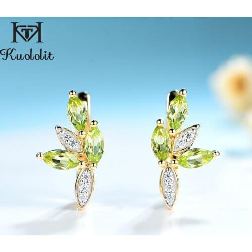 Kuololit Genuine 585 14K 10K Yellow gold Natural Peridot Gemstone Clip Earrings for Women Moissanite Marquise Earrings for Party