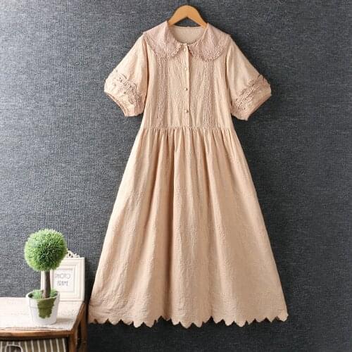 Lamtrip Retro Lolita Handmade Boutique Lacing Stitch Full Embroidery Short Sleeve Peter Pan CollaCotton Dress 2021 Autumn Robe
