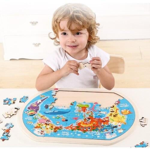 80Pcs Kids Toy Wooden Puzzle for Children Cartoon Earth World Map Puzzles Educational Learning Toys