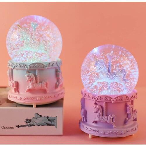 Rotate Music Box Crystal Ball Snow Globe Snowflakes Music Box Home Decoration LED Light Crystal Ball Music Box dropship